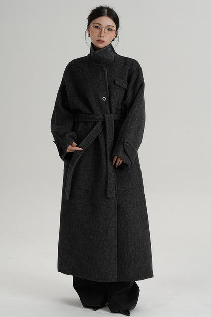 Temperament Design Color-Blocking Woolen Coat