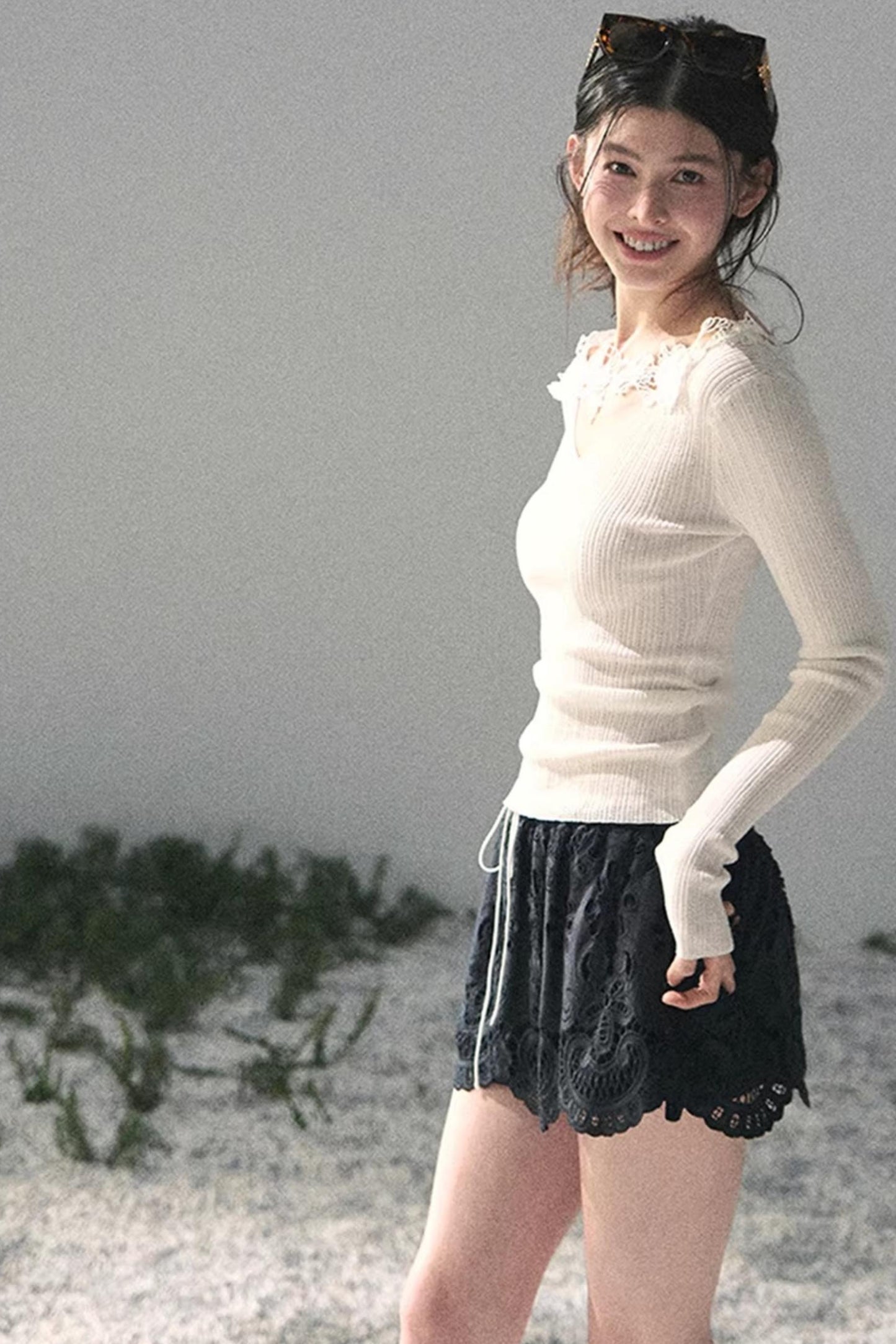 Lace-Trimmed Knitted Top
