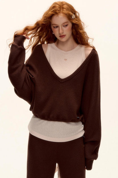Waffle Knit V-Neck Sweater Set-Up