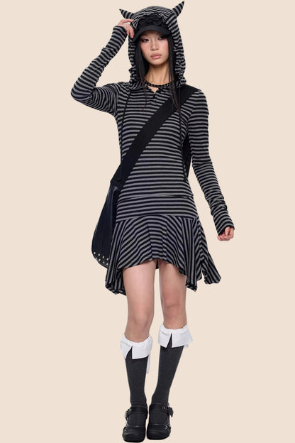 Retro Y2K Gestreiftes Kapuzenkleid