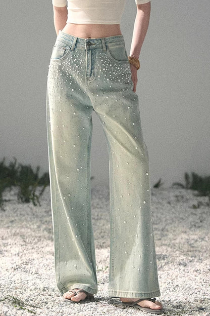 Pantalon en jean bleu clair perlé