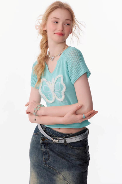Top Raglan a Maglia con Farfalle 3D