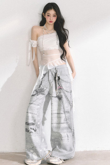 Sheer Mesh Off Shoulder T-Shirt