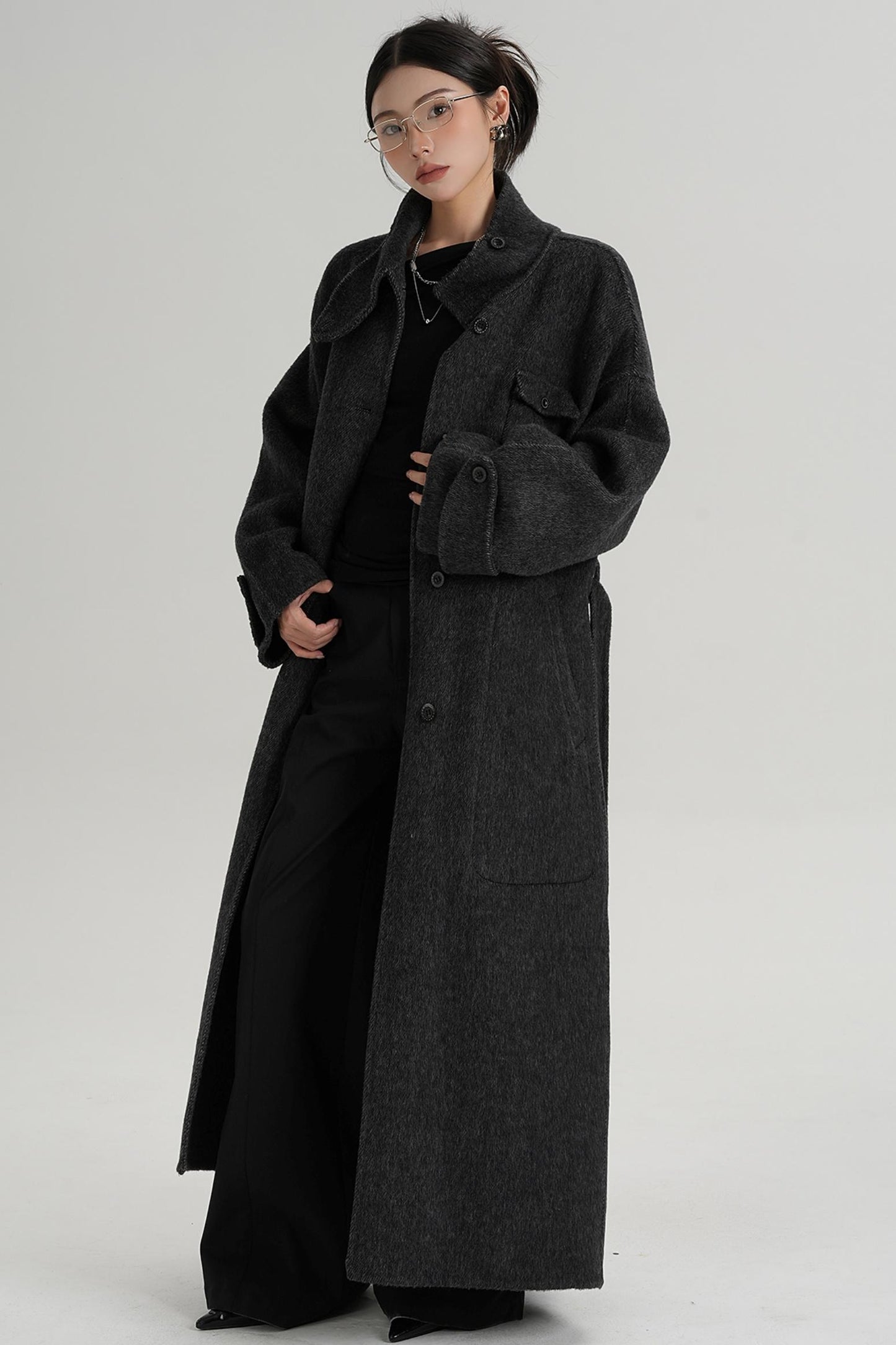 Temperament Design Color-Blocking Woolen Coat