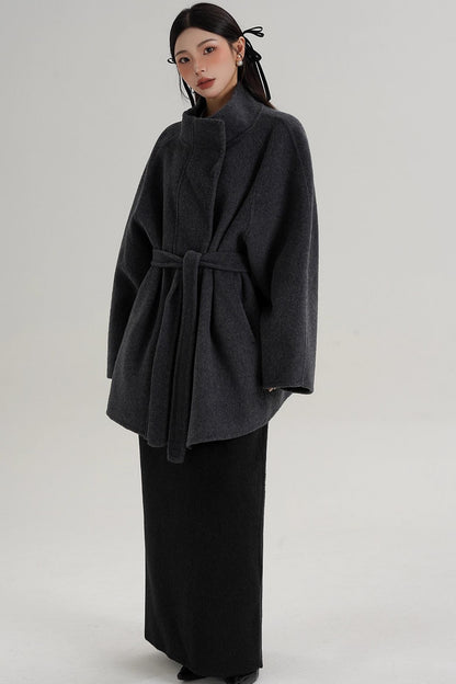 Elegant Woolen Lace-Up Coat