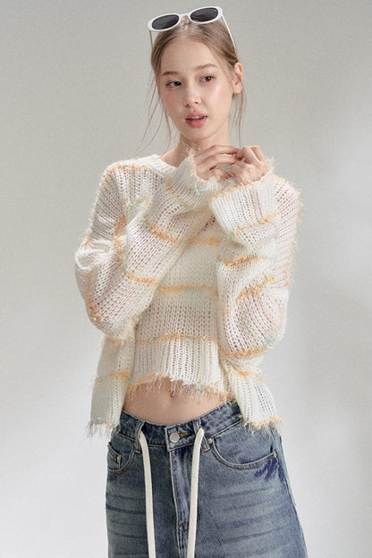 Silver Silk Blend Cropped Knit Blouse