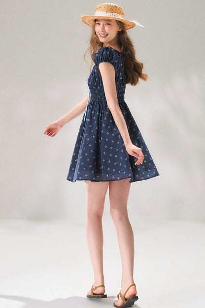 Abito floreale blu navy con lacci