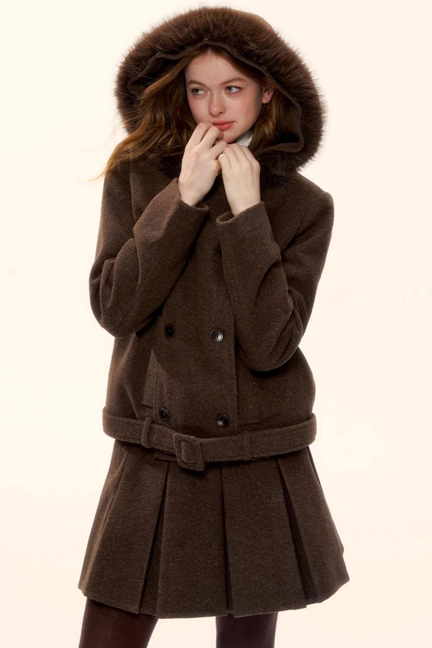 Retro Coffee Woolen Coat Set-Up