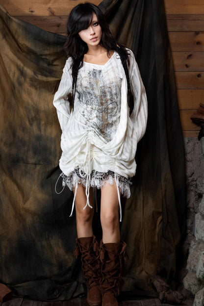 Vintage Lace-Up Knitted V-Neck T-Shirt