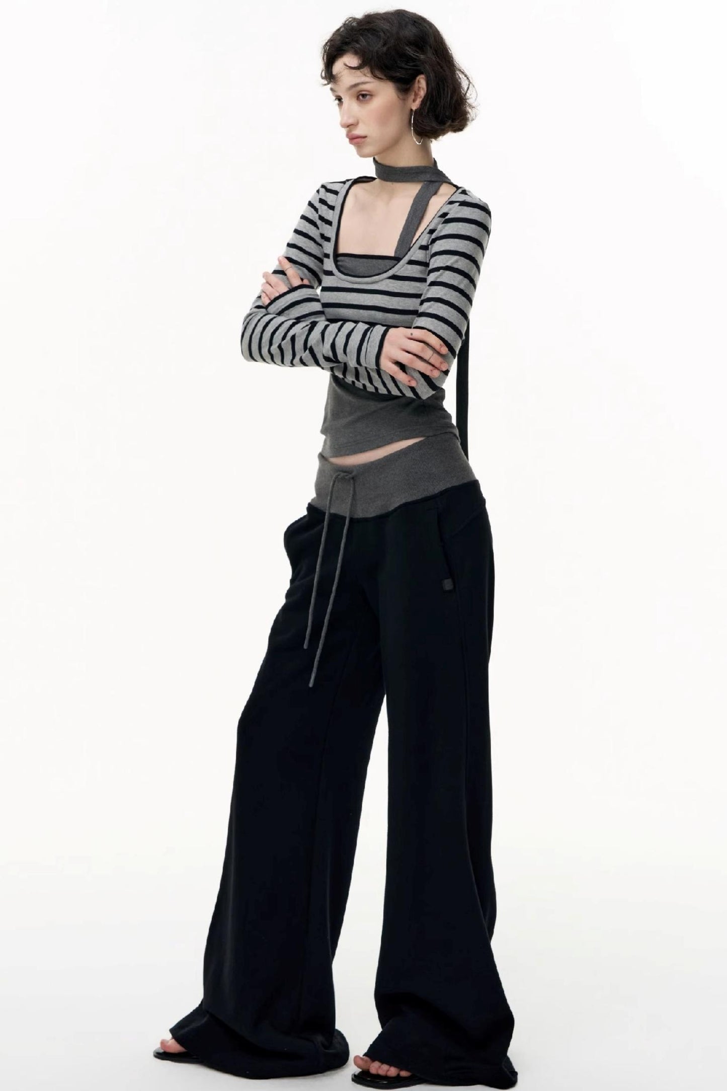 Drawstring Cotton Flared Sweatshirt Slacks