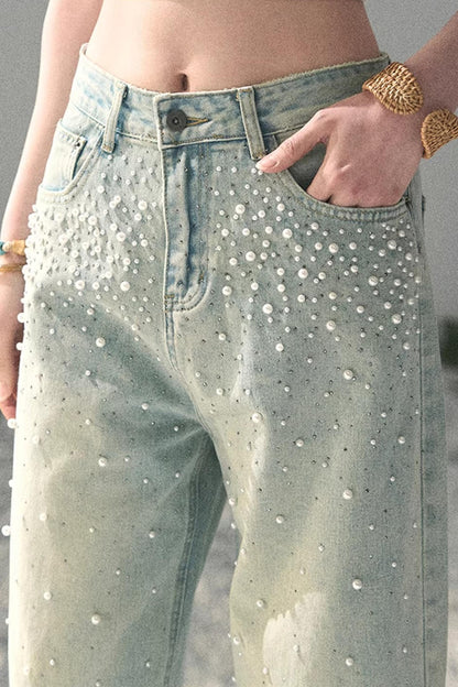 Pantalon en jean bleu clair perlé