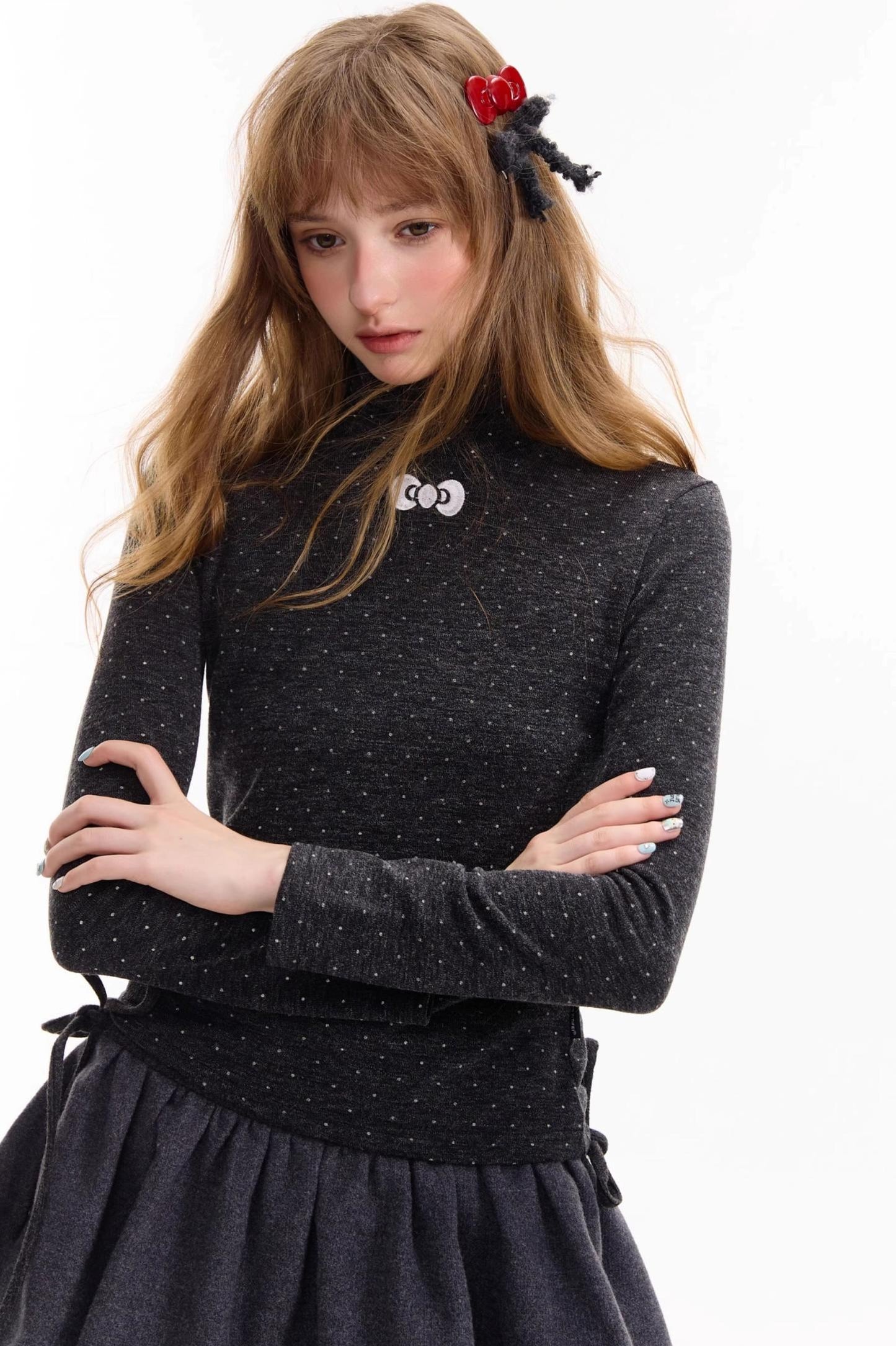 Retro Polka Dot High-Neck Long Sleeve T-Shirt