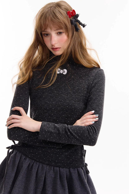 Retro Polka Dot High-Neck Long Sleeve T-Shirt