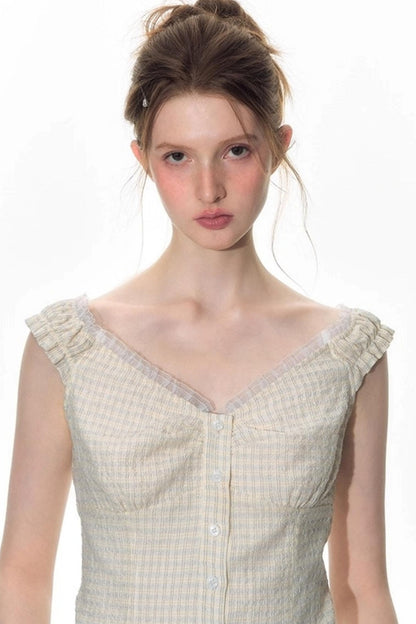 Checked Sleeveless One-Shoulder Shirt Set-Up