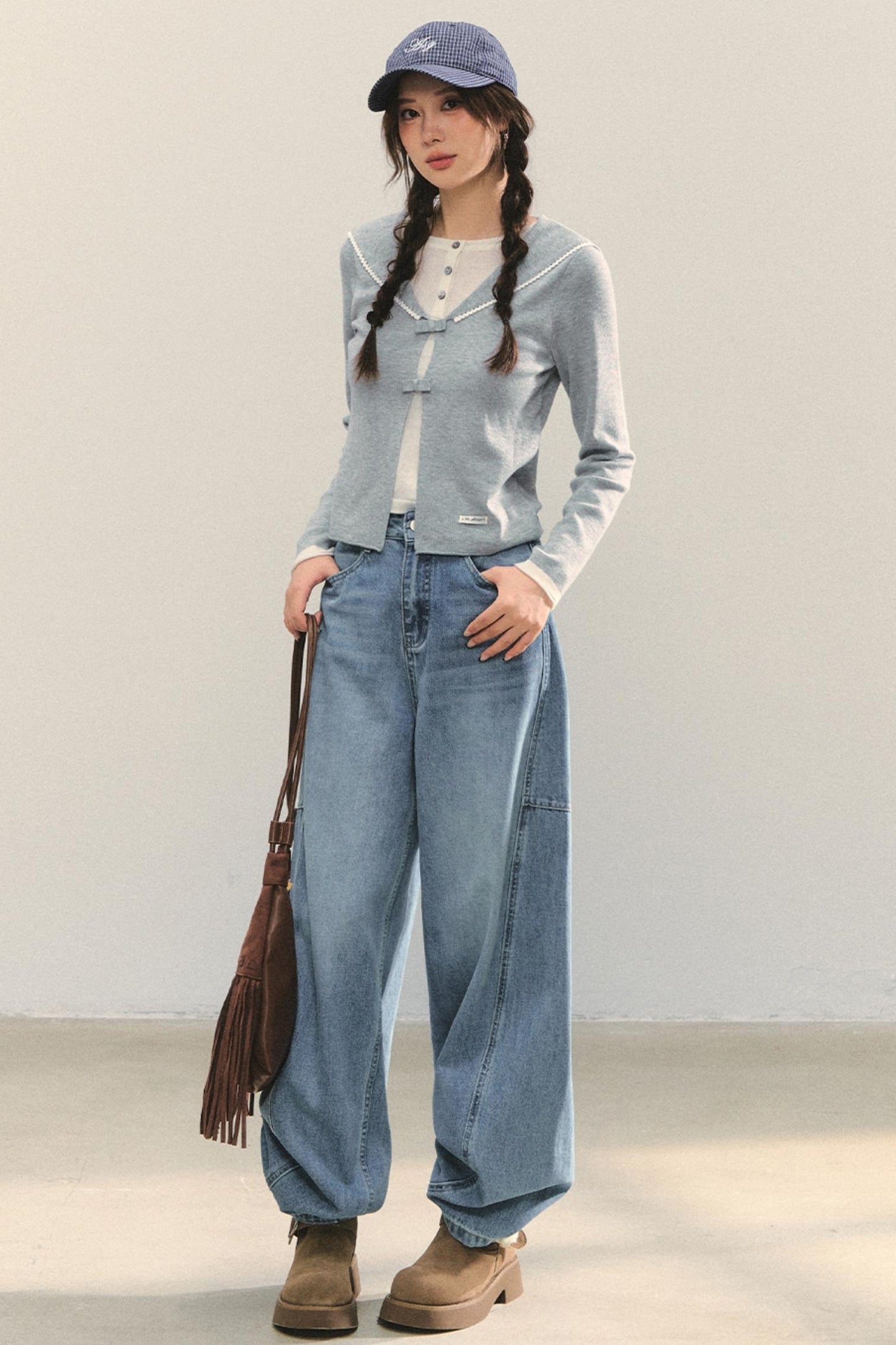 Sweet Navy Neck Knit Cardigan