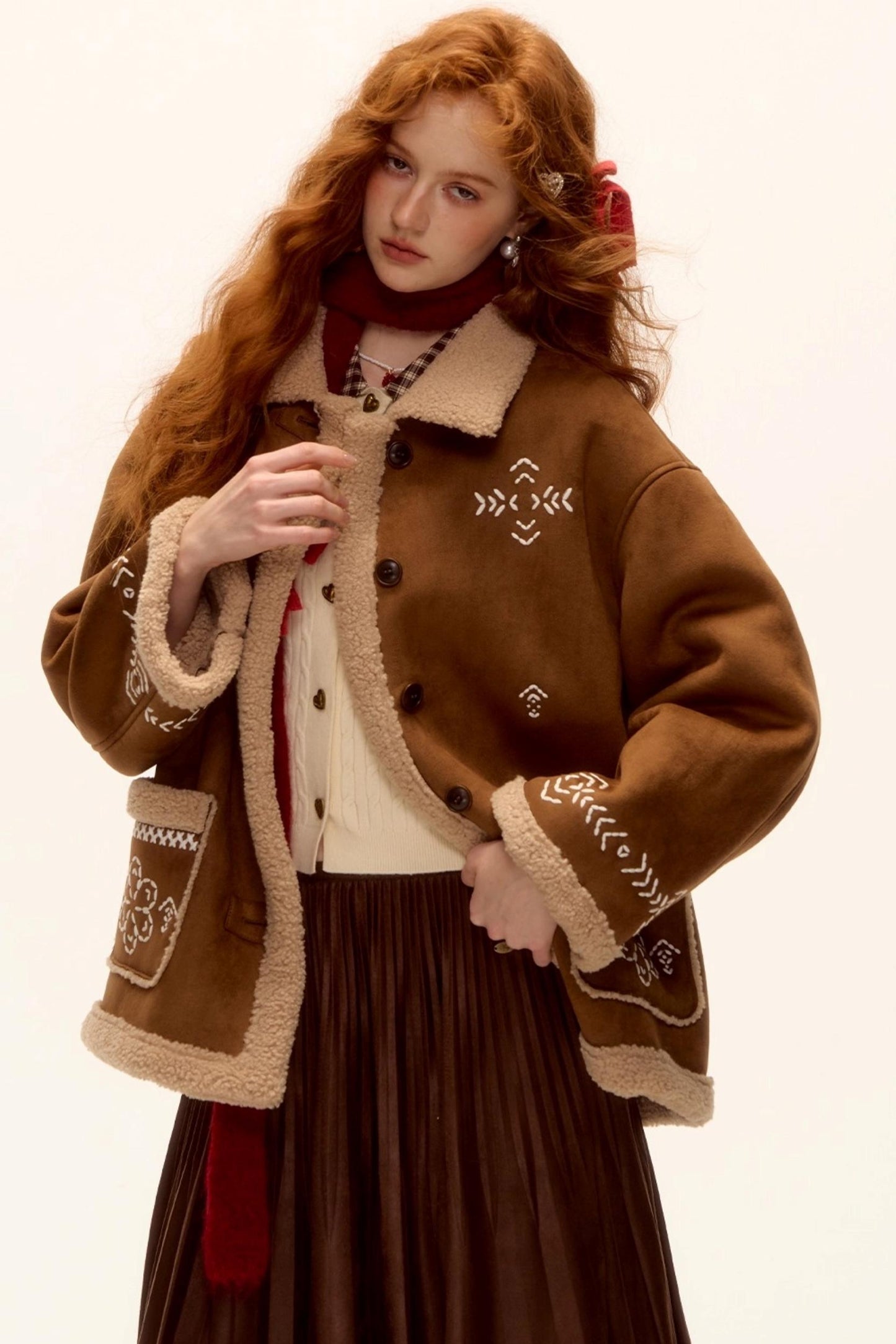 Embroidered Shearling Wool Jacket Set-Up
