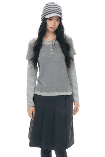 Henley Collar Fake Two-Piece Top