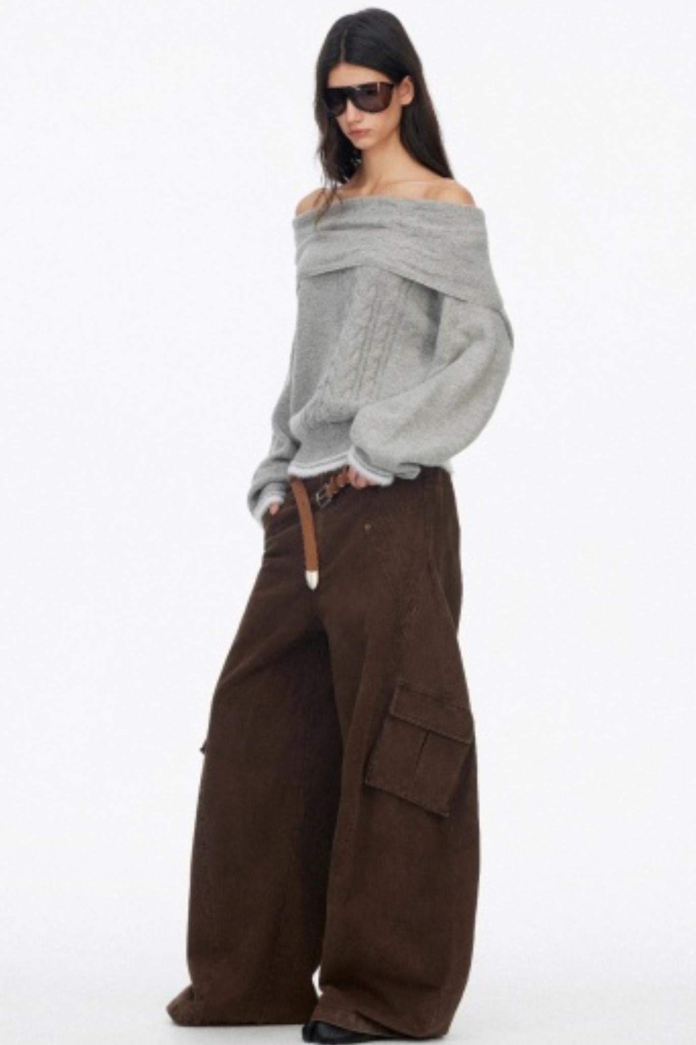 Off-Shoulder Color-Blocked Knit Sweater