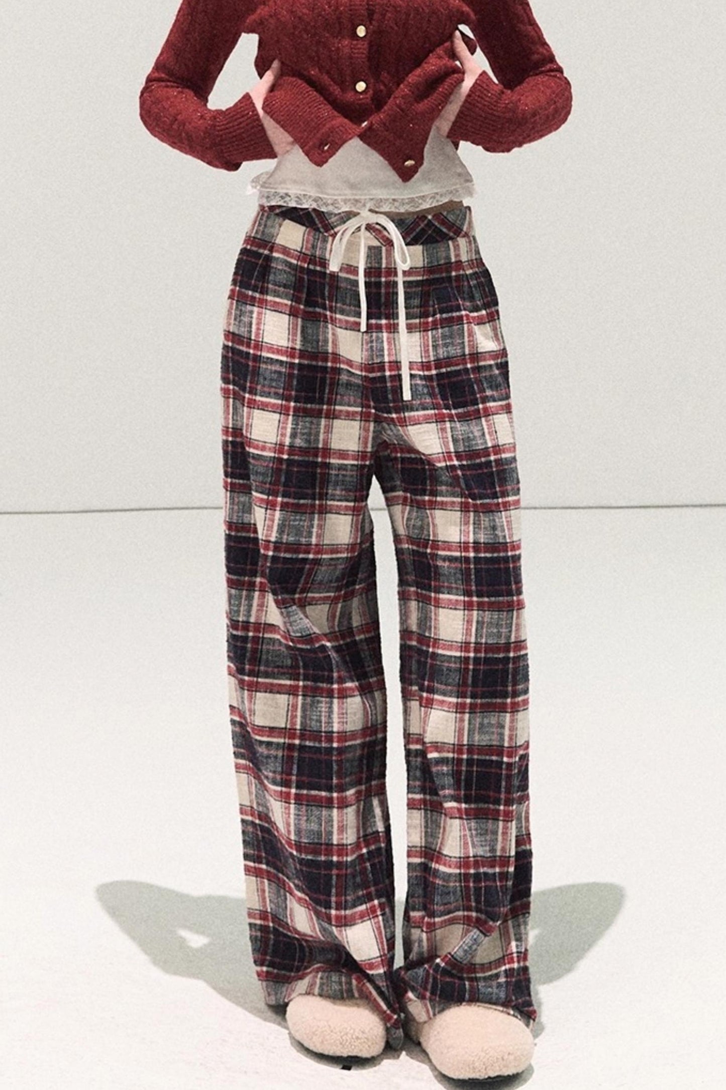 Pure Cotton Plaid Wide-Leg Pants