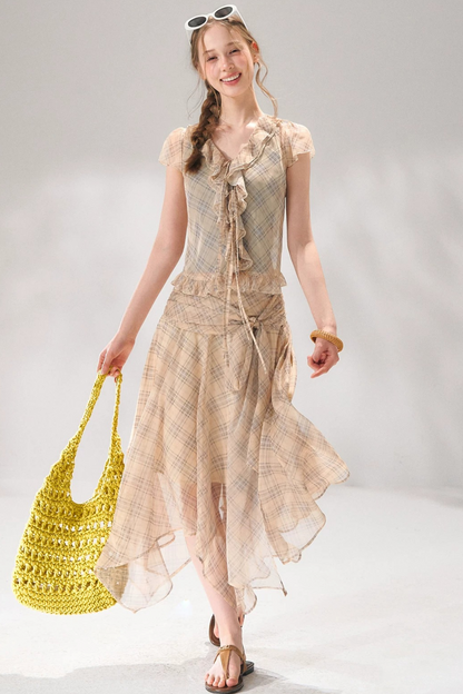 Completo a Due Pezzi Retro a Quadri in Chiffon