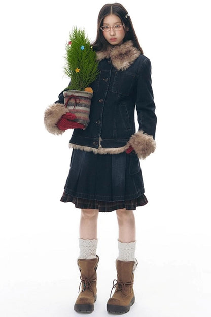 Patchwork Red Plaid Denim Skirt