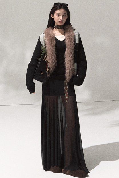 Skin Lace Wool Knit Sleeve Sweater Top