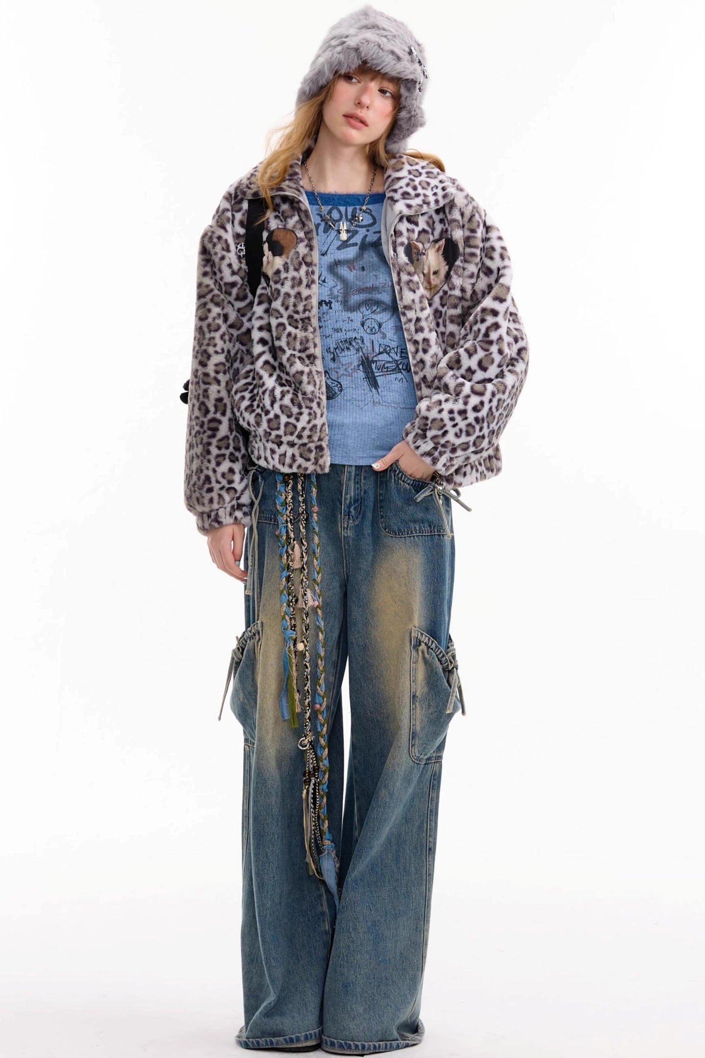 Winter Cat Print Fluffy Coat