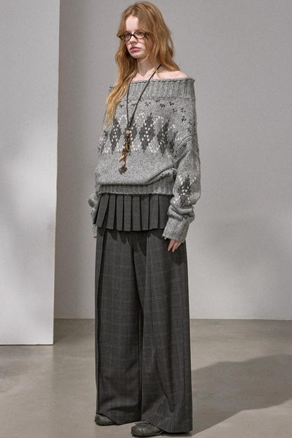 Thick Knit Argyle Off-Shoulder Sweater
