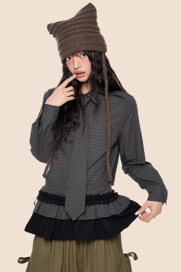 Plaid Retro Slim Pleated Blouse Set