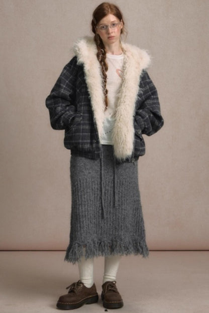 Elk Fur Collar Plaid Woolen Jacket