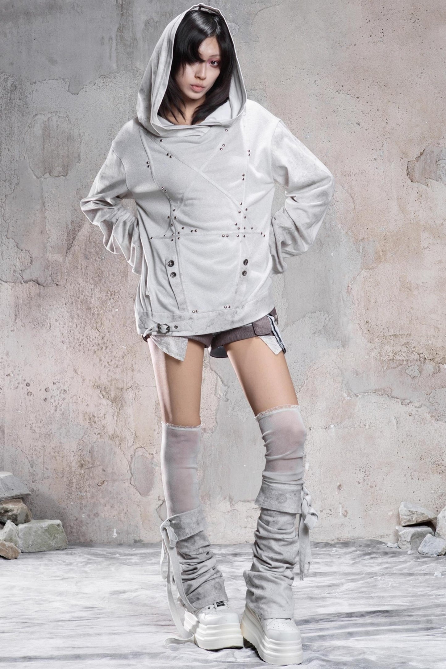 Retro Rivet Hooded Fleece Sweatshirt