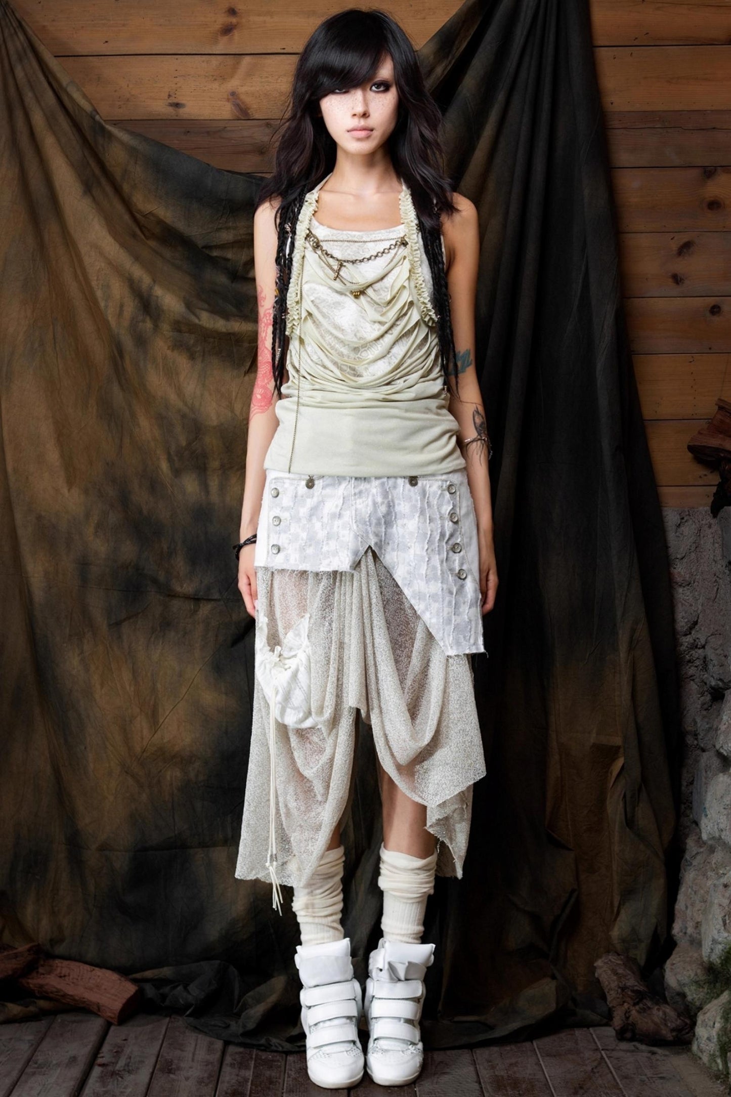 Vintage Patchwork Mesh Maxi Skirt