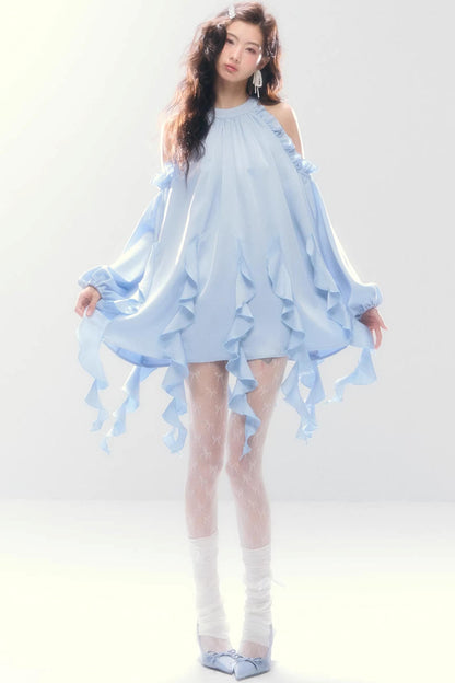 Satin Ruffled Off-Shoulder Dress