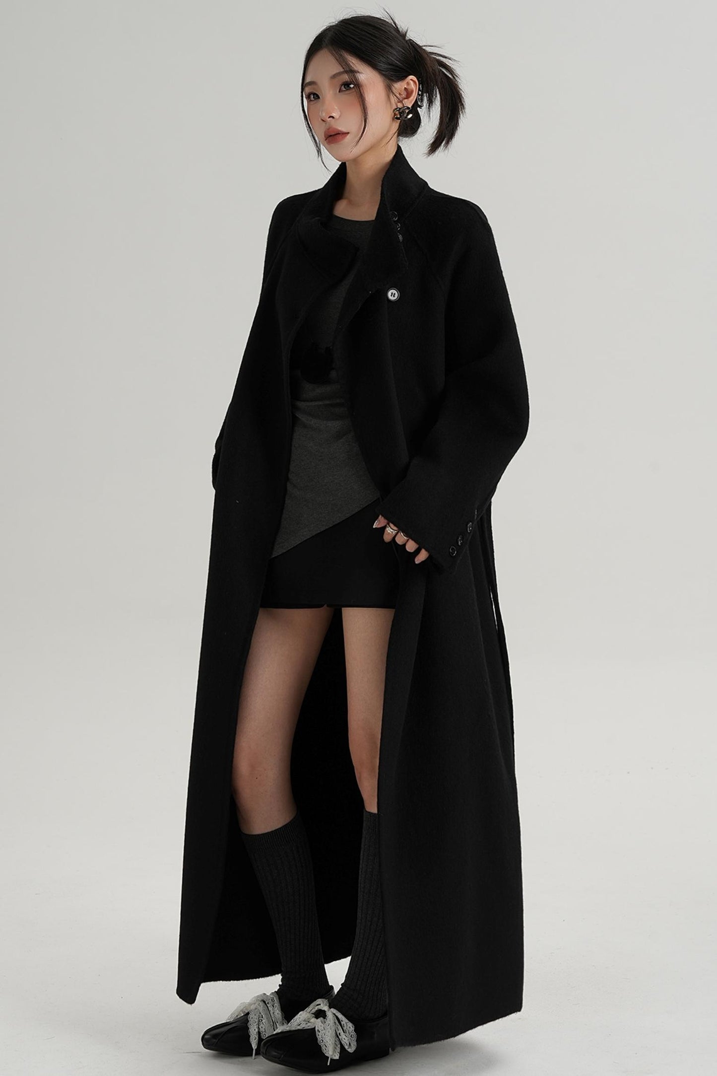 Diagonal Collar Woolen Long Coat
