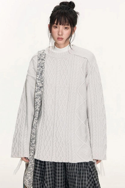 Crew Neck Crochet Cable Knit Sweater