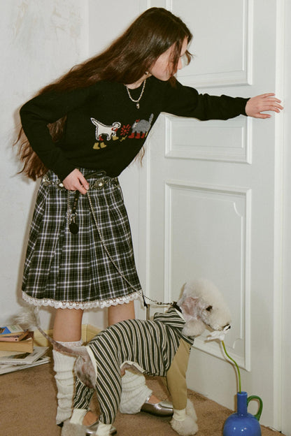 Kitten Puppy Embroidered Wool Blend Top