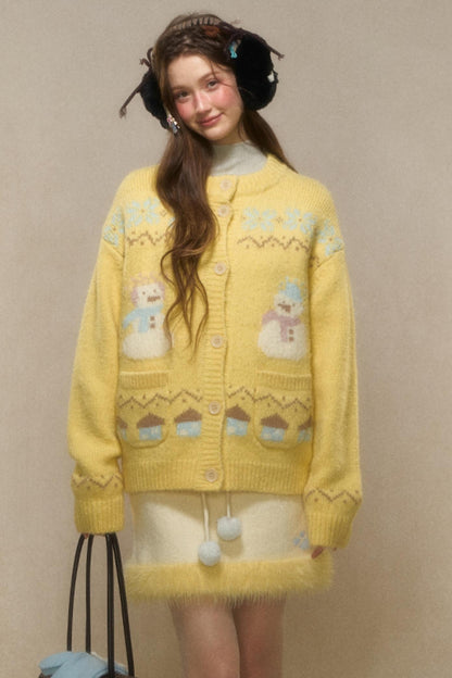 Vintage Snowman Jacquard Knit Cardigan