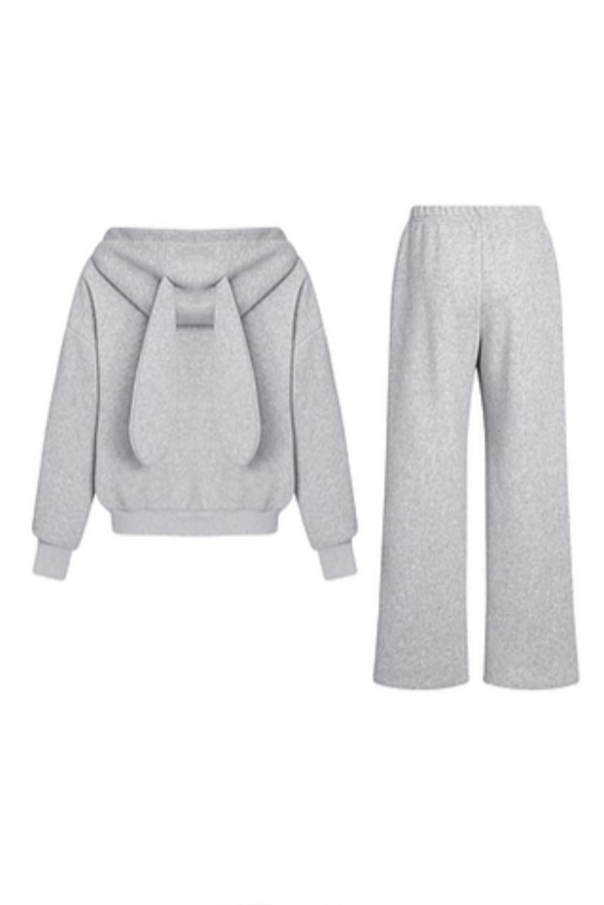 Bunny Ears Hooded Cardigan & Wide Pants Set-Up