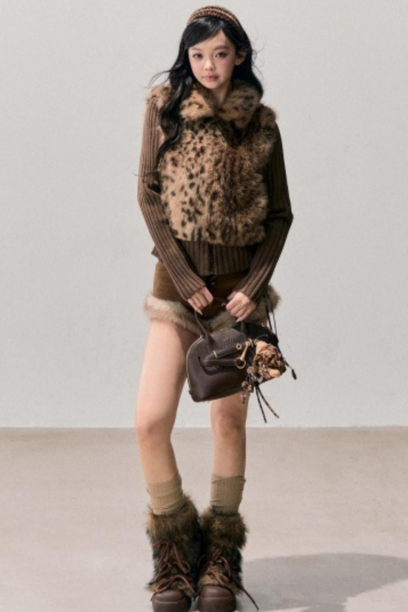 Faux Fur Leopard Knit Jacket