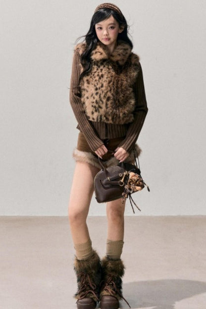 Faux Fur Leopard Knit Jacket