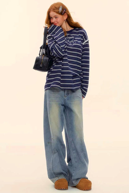 Washed Denim Curved Cut Pants