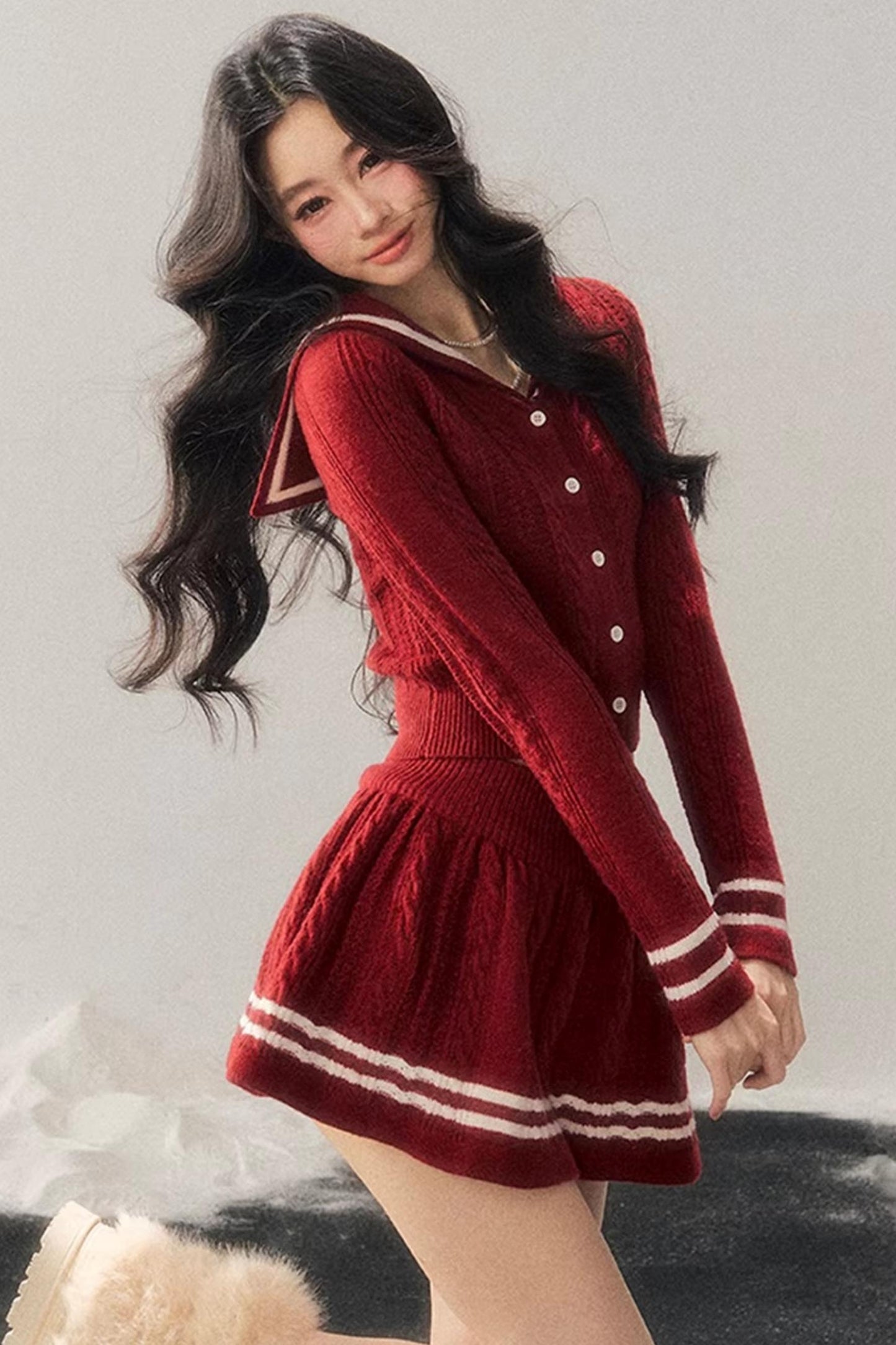 Red Evening Breeze Knitted Sweater Set-Up