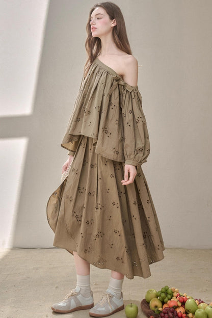 Embroidery Elegant Slanted Shoulder Skirt Set-Up