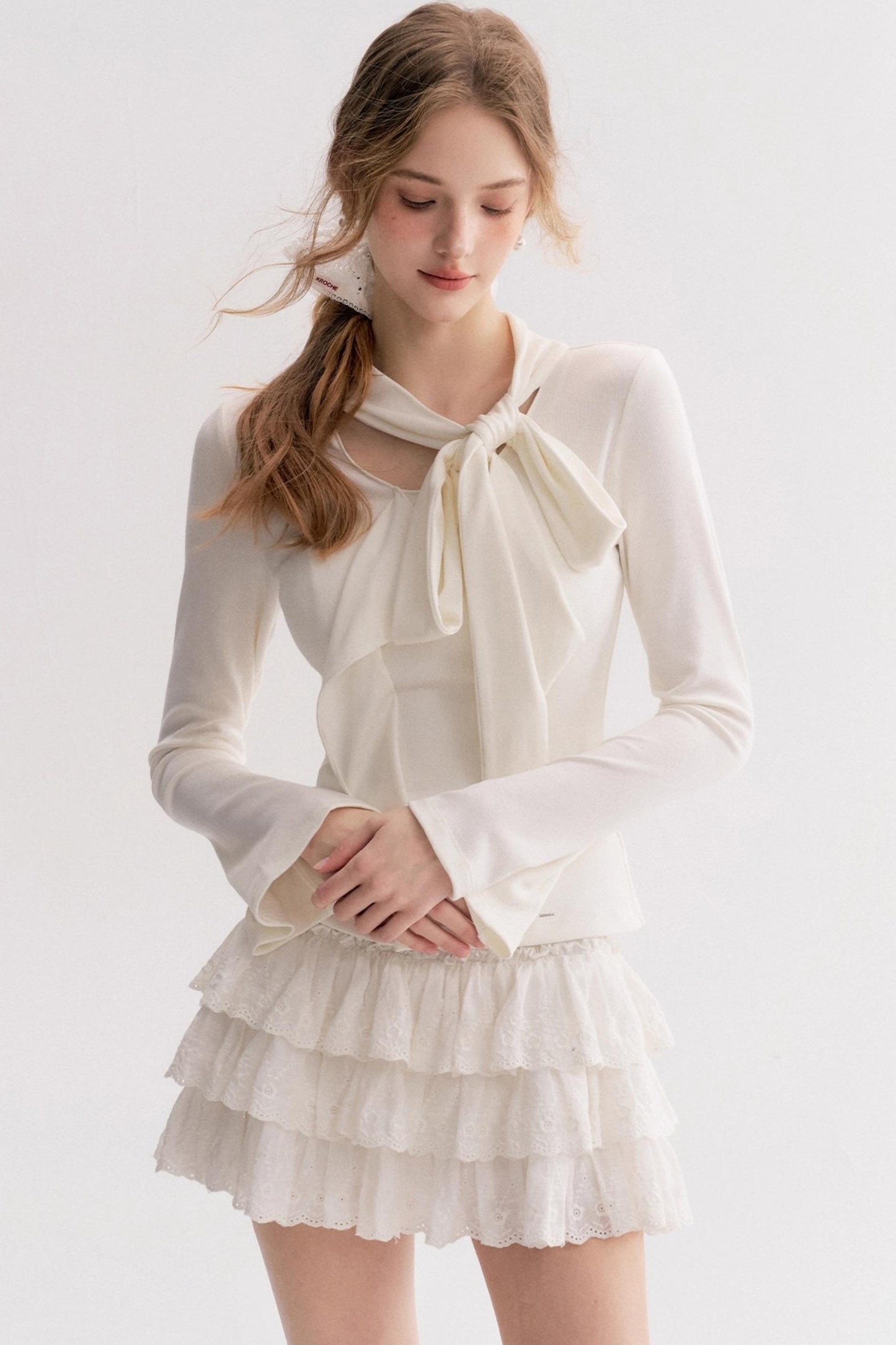 Romantic French Streamer Bow V-Neck Slim T-Shirt