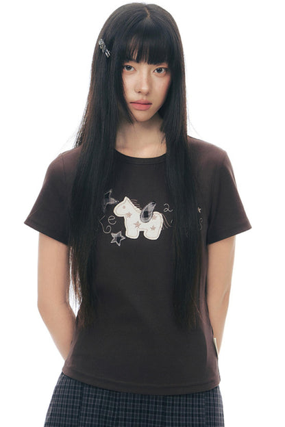 T-Shirt mit Pony-Applikation und Stickerei