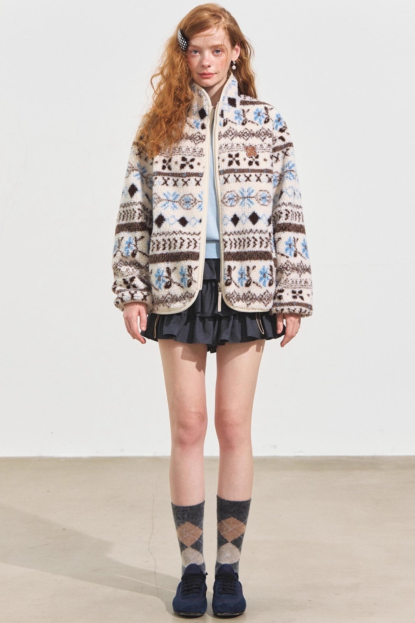 Fleece Jacquard Stand-Up Collar Coat