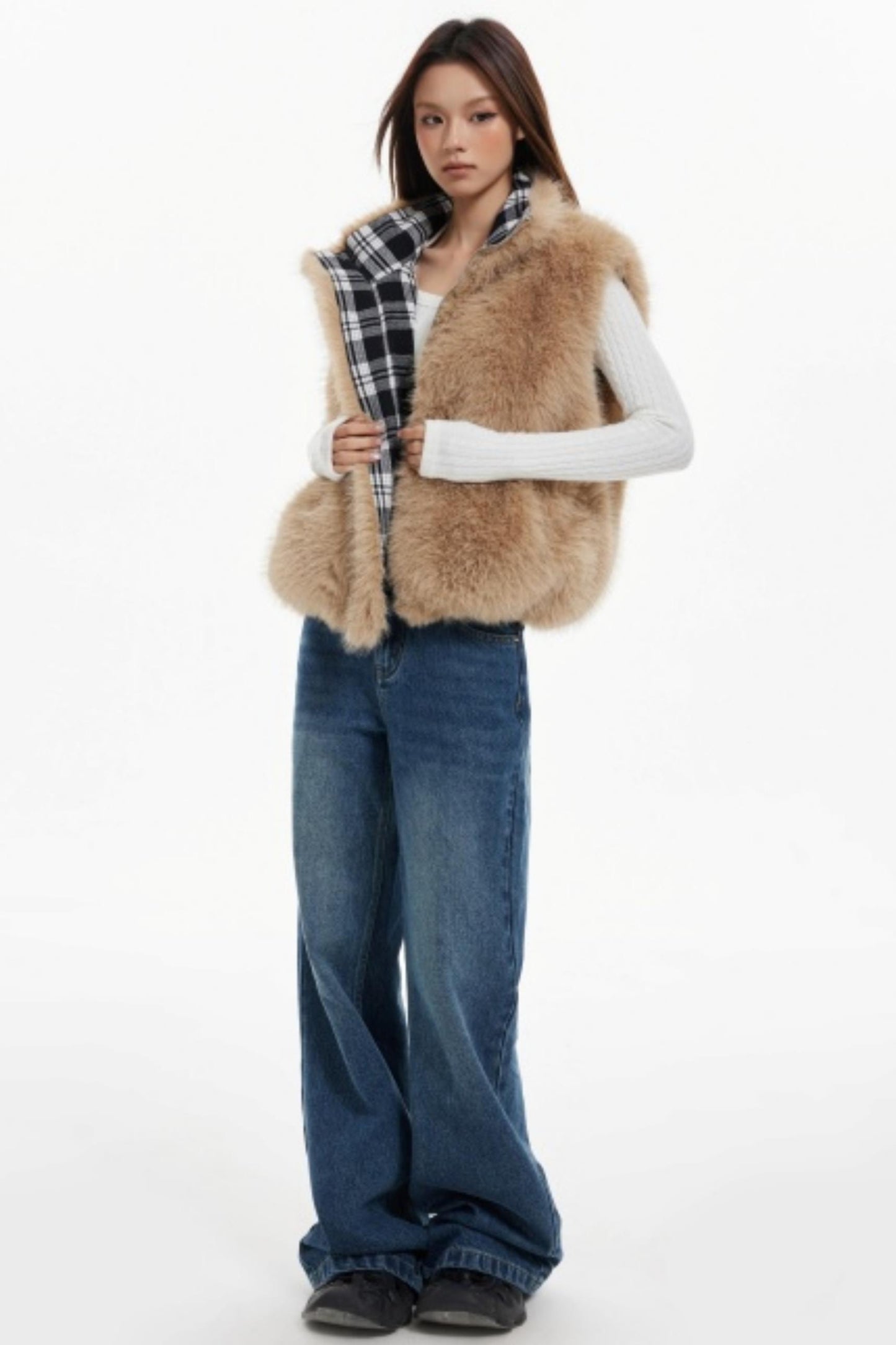Plaid Lined Fur Vest Reversible Jacket