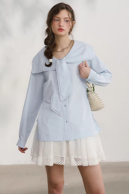 네이비 웨이브 레이스 블라우스