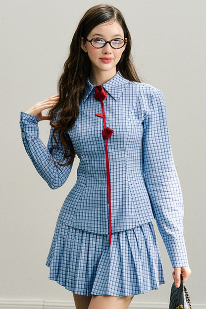 Red Rose Plaid Pleated Skirt Set-Up