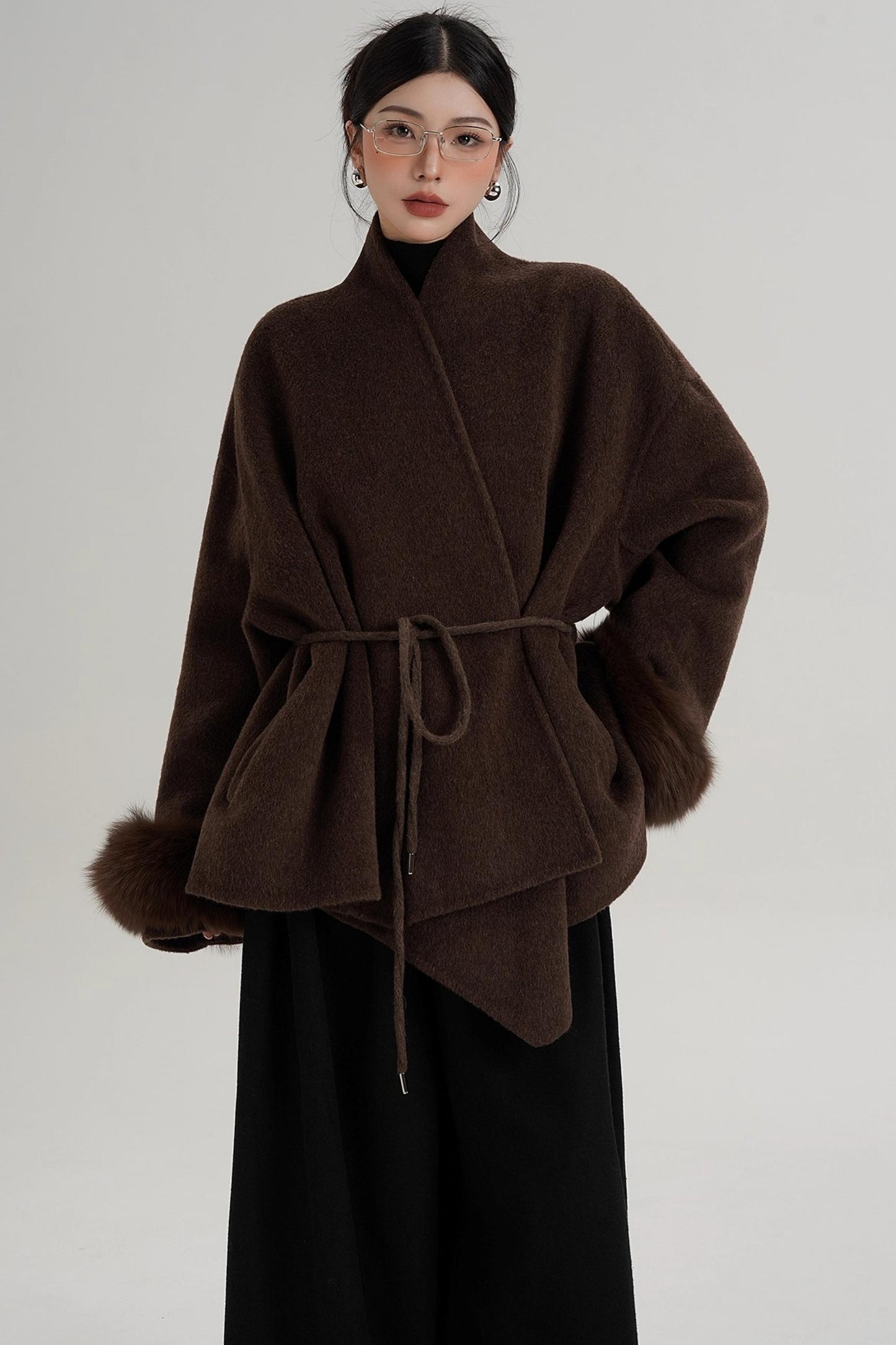 Elegant Fox Fur Sleeve Wool Coat